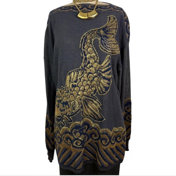 Nautical knit  blue and gold boat neck  long sleeve light weight sweater - Picture 3 of 11